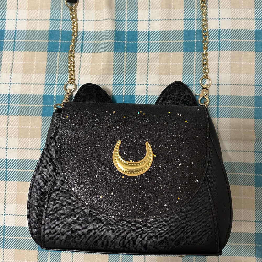 Sailor moon black glitter crossbody purse merchandise Luna moon